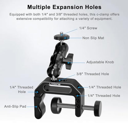 Camera Clamp Mount C Clamp with 1/4'' Screw Magic Arm - Perfect for Cameras, LED Video Lights, Monitors, Flash, Desk, Microphone, Action Camera