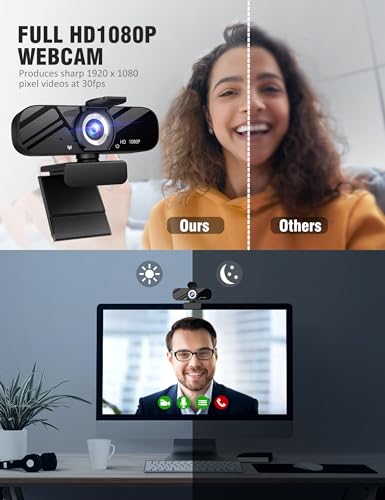 1080P HD Webcam with Built-in Microphone, Rotatable Tripod, Wide-Angle Lens,Privacy Cover, Auto Light Correction, Plug & Play USB-A Webcam for Laptop, Desktop, PC, Streaming-Black-1