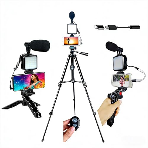 Vlogging Kit for iPhone, Vlogging kit for Android Phone,YouTube Starter Kit with Two Tripods Light Microphone Remote and Jack Adapter - size: With Shotgun Mic