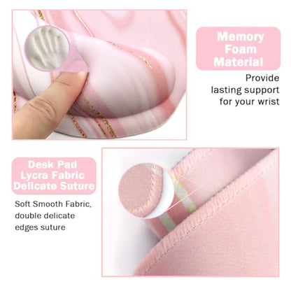 4-in-1 Gaming Mouse Pad Wrist Support Set，Desk Pad + Mouse Pad with Wrist Rest + Keyboard Wrist Rest + Coaster, Ergonomic Design for Home Office Study Game - Pink Fluid - color: 4 Pcs Pink Marble