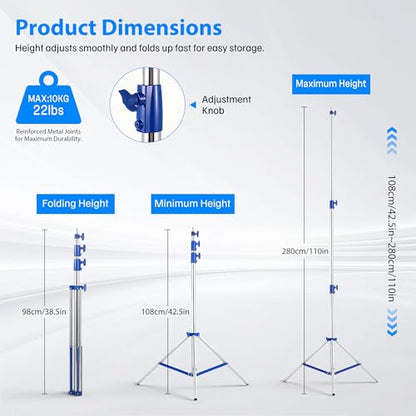 Light Stand Photography, 9.2ft/280cm Air-Cushioned Heavy Duty Studio Light Stand with 1/4" and 3/8" Screw, Aluminum Alloy Photo Video Tripod Stand for Ring Light, Softbox, LED Panel, Max Load 22lb - color: Blue