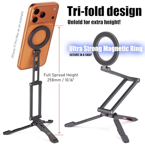 SHINEWEE Ultra-Compact Magnetic Tripod Stand: Aluminum Phone Mount for iPhone 17/16/15/14/13/12 Pro Max, Adjustable Cellphone Holder with 1/4” Screw & Travel Hook (Grey)