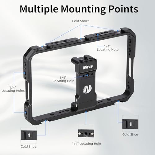 Nitze Smartphone Cage, Aluminum Phone Video Rig, with Adjustable Cellphone Clamp, 5 Built-in Cold Shoes, for Videomaker, Videographer, Vlogger and Youtuber - T-MP01A