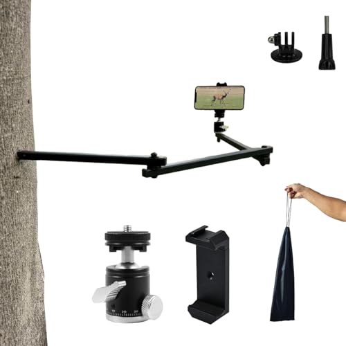 Tree Stand Phone Mount for Self Filming Hunts, Metal Hunting Camera Arm | All-metal build, 33.3 in reach, fits 60-90 mm phones, 2 lb load, Compatible GoPro Mevo Start, storage bag included