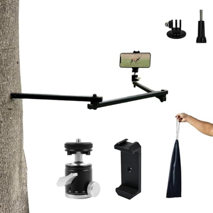 Tree Stand Phone Mount for Self Filming Hunts, Metal Hunting Camera Arm | All-metal build, 33.3 in reach, fits 60-90 mm phones, 2 lb load, Compatible GoPro Mevo Start, storage bag included