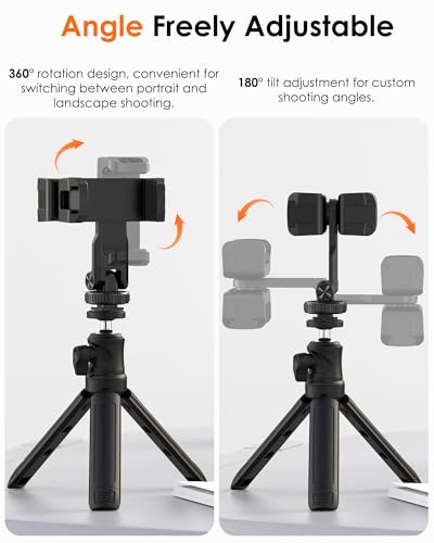 Tripod Phone Mount, Dual Phone Holder with 4 Cold Shoe and 1/4" Screw, 360° Rotates and 180° Tilts Adjustable Cold Shoe Mount for Phone, Camera, Stabilizers, Video, Live Streaming, Vlogging