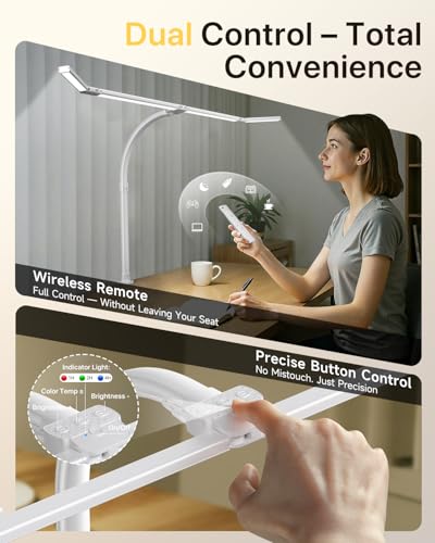 ONEMIX 42" LED Desk Lamp with Clamp, Architect Desk Light with Remote, Adjustable 4-Segment Bar, 1800LM Bright, Eye-Caring Desk Lamp for Home Office, Reading, Study, Dual Monitors, Workbench (White) - color: White