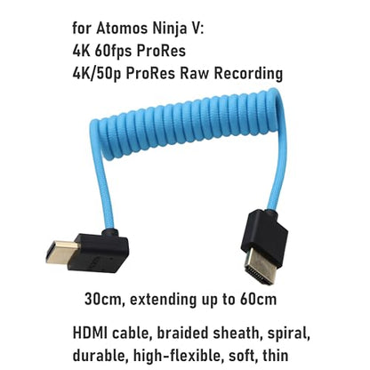 90-Degree HDMI 8K 4K 50p Cable for ATOMOS Ninja V Shinobi, Sony FX9 FX30, Nikon Z6iii Z8 Z9, Fujifilm GFX100II X-H2S, Teradek Hollyland Mars 400, PC TV PS5 Xbox, Braided Coiled - color: Blue, size: Down Angled to Straight