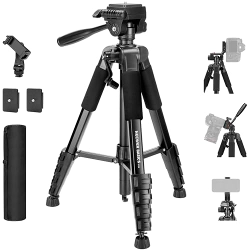 NEEWER Basics Camera Tripod, 74" Tripod with Cell Phone Holder Mount Compatible with iPhone for Video Recording, Professional Aluminum Lightweight Portable Travel Stand with 3 Way Pan Tilt Head, TP56 - style: TP56