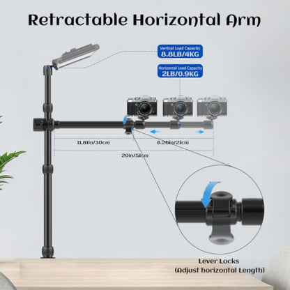 Ailight Overhead Camera Mount Desk Stand, 15.75"-33.45" Webcam Mount with 2-Section Adjustable Telescopic Boom Arm, C Clamp/Swiveling Ball Head for DSLR Camera, Ring Light, Webcam