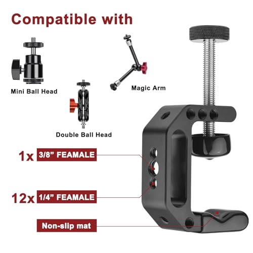 Microphone Holder C Clamp with 1/4" and 3/8" Threaded Holes, Mic Clip for Radio Studio, Podcast, Gaming, 5/8" Mic Screw Adapter for Microphones, Max Load 12lb / 5kg
