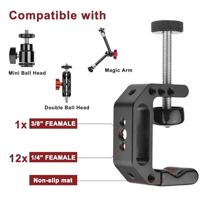 Microphone Holder C Clamp with 1/4" and 3/8" Threaded Holes, Mic Clip for Radio Studio, Podcast, Gaming, 5/8" Mic Screw Adapter for Microphones, Max Load 12lb / 5kg