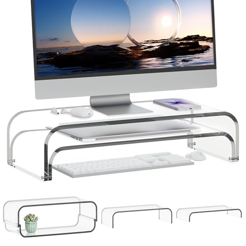 Acrylic Dual Monitor Stand Riser 2 Tier, Modular Laptop Stand for Desk, Multifunctional Desktop Organizer Shelf for PC, iMac, Printer, Detachable Monitor Stand for Office or Home, Clear - color: Clear