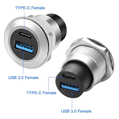 XMSJSIY USB 3.0 Type-C Panel Threaded Fixed Mount Coupler Adapter USB A/Type C 20V 3A 60W Female to Female with Anti-loosening Gasket Chassis Panel Mount Socket Connector Data Transfer (Round) - style: Round