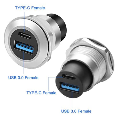 XMSJSIY USB 3.0 Type-C Panel Threaded Fixed Mount Coupler Adapter USB A/Type C 20V 3A 60W Female to Female with Anti-loosening Gasket Chassis Panel Mount Socket Connector Data Transfer (Round) - style: Round