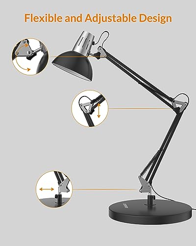 LEPOWER Metal Desk Lamp, Adjustable Goose Neck Architect Table Lamp with On/Off Switch, Swing Arm Desk Lamp with Clamp, Eye-Caring Reading Lamp for Bedroom, Study Room &Office (Black) - color: Black