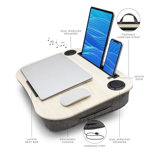 Portable Lap Desk for Computer Laptop, Tablets, Phones | Built-in Bluetooth Speakers | for Home Office | College (Bleached Wood) - color: Bleached Wood