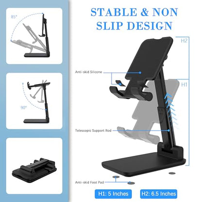 Cell Phone Stand, Adjustable Angle and Height Cell Phone Holder for Desk, Foldable and Portable, Anti-Slip Silicone Pad, Compatible with All Mobile Phones and 4-8 Inch Devices (Black&White) - color: Black&White