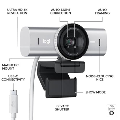 Logitech MX Brio Ultra HD 4K Collaboration, Streaming Webcam, 1080p at 60 FPS, Show Mode, Works with Microsoft Teams, Zoom, Google Meet, Nintendo Switch 2 New GameChat - Pale Gray | 4K at 30fps, Starvis Sensor, Dual Beamforming Mics, Show Mode, Privacy Sh