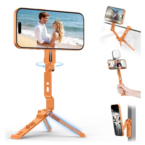 OMOTON TP03 [Ultra-Slim] for MagSafe Tripod, 360° Rotating Magnetic Phone Tripod for iPhone 17/16 Pro Max Air Women Men, Fold Cell Phone Stand with 1/4" Screw & Hook Fits Vlog, Live, Travel, Orange - color: Orange