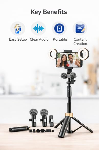 Video Recording Kit for Smartphone with Tripod Stand, Dual Ring Lights and Wireless Lavalier Microphones, Portable Vlogging Set for TikTok, YouTube, Live Streaming and Podcast Creation Pro