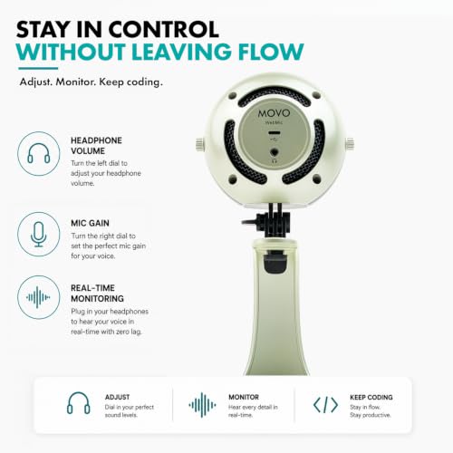 Movo WebMic USB Dictation Microphone in Silver – Cardioid for Vibe Coding | Cardioid Pickup Rejects Background Noise For Accurate Dictation. Gain Knob, Headphone Out, Mute. Desktop Stand, No Drivers. - color: Palladian Silver