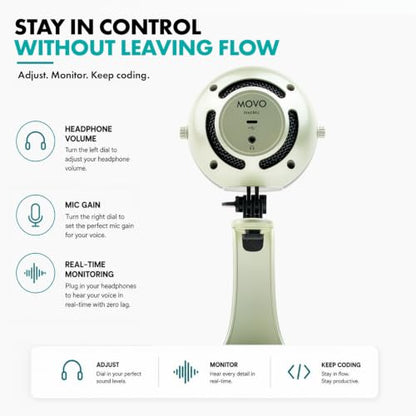 Movo WebMic USB Dictation Microphone in Silver – Cardioid for Vibe Coding | Cardioid Pickup Rejects Background Noise For Accurate Dictation. Gain Knob, Headphone Out, Mute. Desktop Stand, No Drivers. - color: Palladian Silver