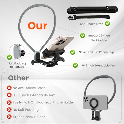 Neck Mount for Phone and Action Camera, Extended-Length Hands Free POV/Vlog Chest Camera Phone Holder for Recording, Compatible with iPhone, Andriod, Gopro, Action Camera, with Stable Back Strap