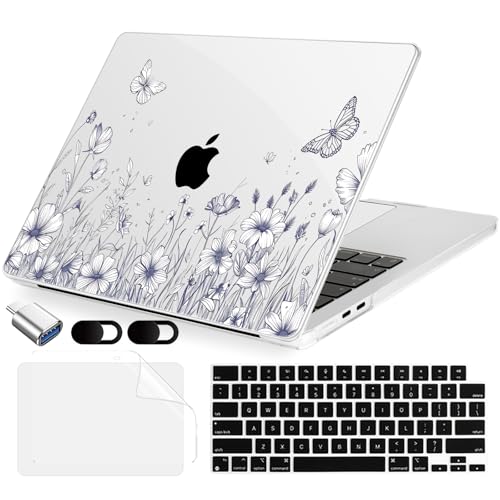 MecBevia Compatible with 2026 M5 MacBook Air 13 inch Case 2026 2025 2024-2022 M5 A3449 M4 A3240 M3 A3113 M2 A2681, Keyboard Cover, Screen Protector, Webcam Cover & Type-C OTG, Butterfly Flora - color: Butterfly Flora