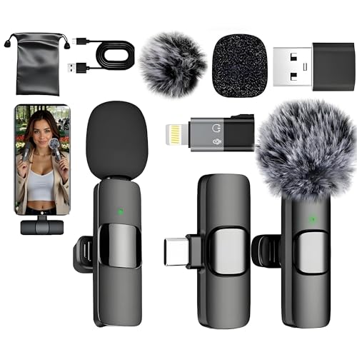 2-Pack Wireless Lavalier Microphone for iPhone & Android, Plug & Play No App/Bluetooth, Noise Reduction Dual Lapel Mic with Lightning/USB-C Receiver, 6H Battery Charging Case for Podcast TikTok