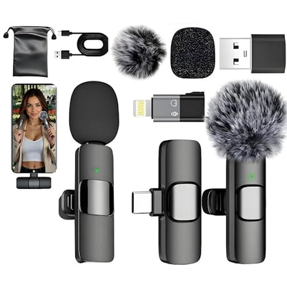 2-Pack Wireless Lavalier Microphone for iPhone & Android, Plug & Play No App/Bluetooth, Noise Reduction Dual Lapel Mic with Lightning/USB-C Receiver, 6H Battery Charging Case for Podcast TikTok