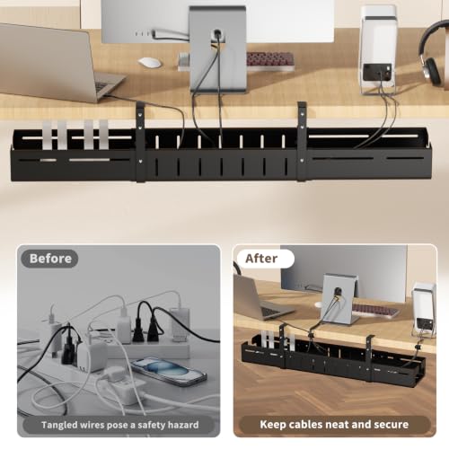 Under Desk Cable Management Tray, Expandable 25.2"– 38.6" No Drill with Clamp Mount Cord Management, Black Carbon Steel Cord Organizer for Desk, Home, Office