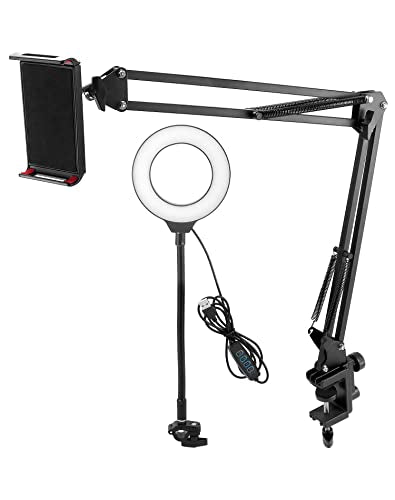 QWORK Overhead Camera Mount, Phone Mount with Ring Light, Flexible Articulating Phone Arm Stand, Phone Holder Stand, Phones Mount Clamp on Desk, for Live Stream, Video Recording and Online Teaching