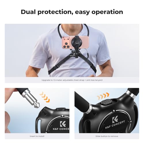 K&F CONCEPT Neck Phone Holder, 2-in-1 Magnetic & Clip-on Phone Neck Holder, POV Phone Holder, Hand Free Chest Stand Compatible with iPhone 17-12 Seires Android Phones - color: Black
