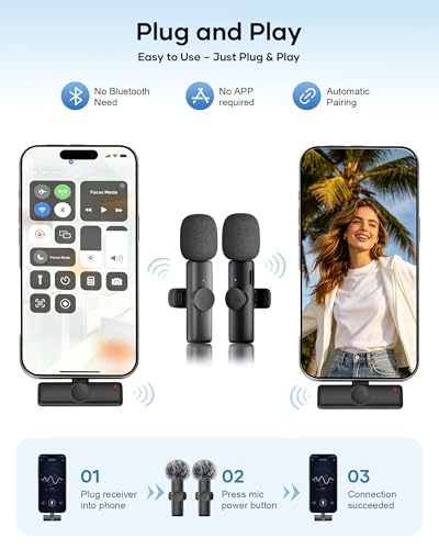 SUDEHO USB-C Wireless Lavalier Microphone Set, 2-Pack Mics with Background Noise Reduction, No Pairing Needed for Android (Coal Black)