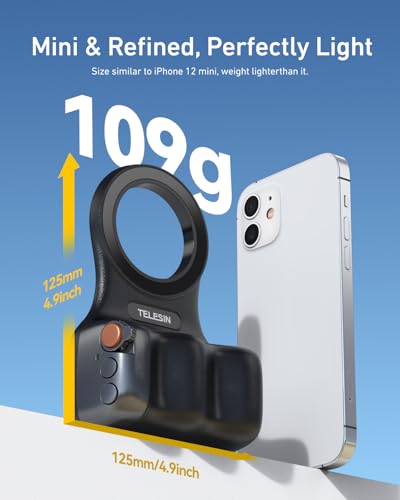 TELESIN Fun Shot Magnetic Phone Camera DSLR Style Shutter Grip for Magsafe iPhone & Android with Detachable Wireless Shutter Button for iOS26/17/18 -Comfort Ergonomic Phone Grip Handle Holder(B) - color: Black