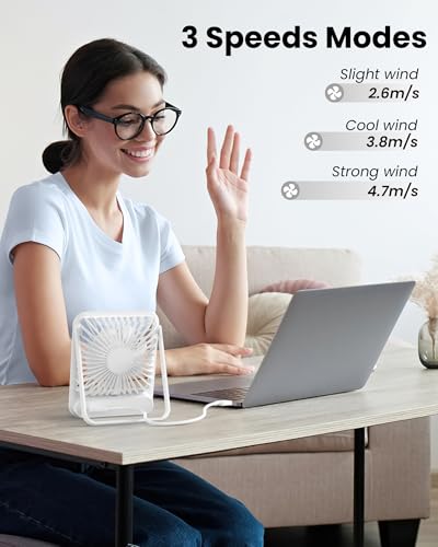 Koonie USB Desk Fan, Strong Wind Ultra Quiet Small Personal Fan with 180° Tilt Folding and 3 Speeds Adjustable, USB-C Corded Powered Mini USB Fan for Office Desktop Bedroom White, NO BATTERY | 180° Tilt Folding & 3 Speeds Adjustable, USB-C Corded Powered