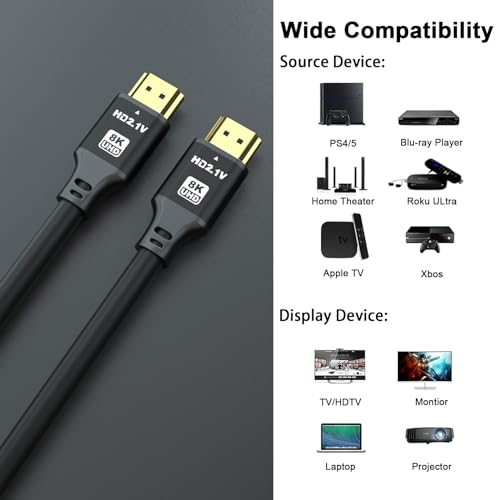 15FT Long Hdmi Cable, 8K@60Hz, 4K@120Hz, 48Gbps Ultra High Speed Hdmi 2.1 Cord with Gold-Plated Connectors, Aluminum Shell, for Streaming and Gaming, Wall-Mounted TV, Projector, Sound System - size: 15FT