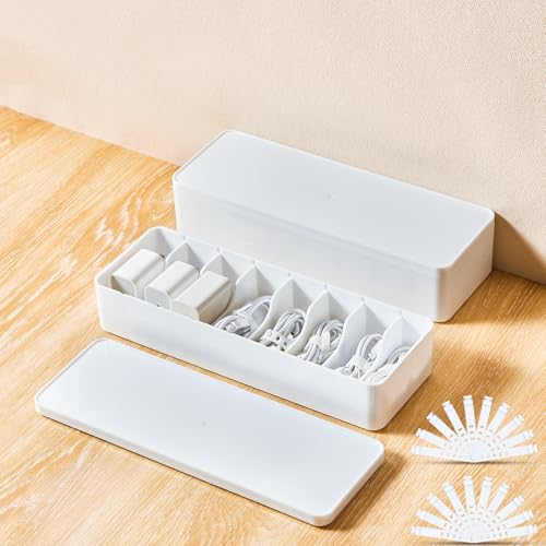 Tatuo 2 Pcs Cord Organizer for Drawer Desktop, Cable Organizer Box with 8 Compartments and Wire Ties, Plastic Charger Storage with Lid, Electronics Case for Home Office Accessories (Small,White) - color: White