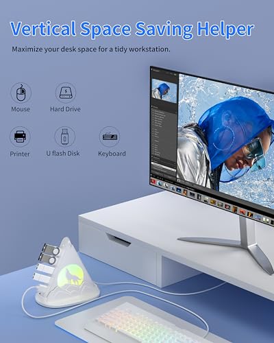 USB Hub 3.0, 7-Port USB Hub with RGB Night Light and Base, Vertical USB a Splitter for Desktop,Laptop, MacBook, Game Console, Flash Drive, XPS, PC, Printer, Camera, Keyboard（White+Base） - color: white