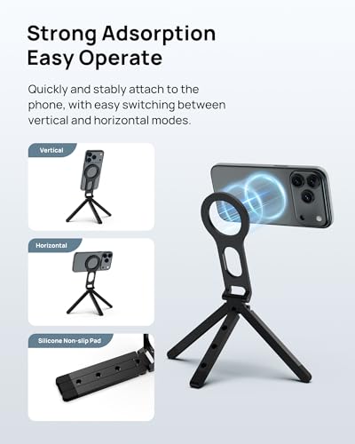SODI Magnetic Phone Tripod Stand for iPhone - Strong Magnet Foldable Cell Phone Stand for Vlog, Gym, Travel Essentials, Mini Tripod Phone Stand Compatible with iPhone 17 16 15 14 13 12 Series (Black) - color: Black