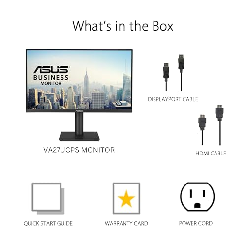 ASUS 27” 4K Business Monitor (VA27UCPS) - UHD (3840 x 2160), IPS, 99% sRGB, HDR-10, USB-C PD65W, USB Hub, Speakers, Eye Care, Ergonomic, VESA Wall Mountable, Green Sustainability, 3 yr Warranty - style: 27" 4K USB-C