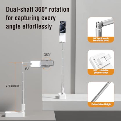 4smarts Phone Tripod Recording with LED Light, 360° Rotatable, Portable & Extendable Stand for 3.5-6.9” Smartphones, Wireless Rechargeable, Ideal for Beauty Content & Live Streaming