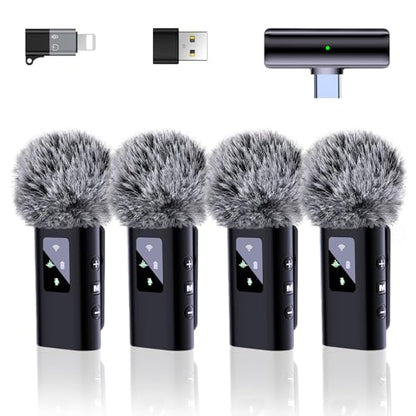 4 Wireless Lavalier Microphone for iPhone Android Phone Pad Computer, Pro Lapel Mini Microphone for Video Recording Vlog Podcast Stream YouTube TikTok, 48KHz 24Bit, Reverb,Noise Cancelling