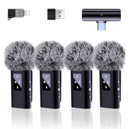 4 Wireless Lavalier Microphone for iPhone Android Phone Pad Computer, Pro Lapel Mini Microphone for Video Recording Vlog Podcast Stream YouTube TikTok, 48KHz 24Bit, Reverb,Noise Cancelling