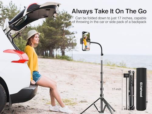 elitehood 80” Tall Phone Stand Tripod, Floor Phone Recording Holder, Heavy Duty Adjustable iPhone Tripod Stand Compatible with iPhone 15 14 13 12 - style: Flexible Arm with 360° Horizontal Rotation