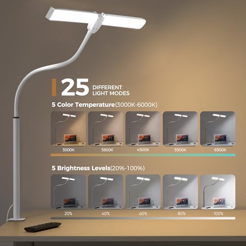 Led Desk Lamp for Home Office, Eye-care Architect Light with Clamp, Smart Double Head Computer Monitor Table Clip Lamp, Adjustable Flexible Goose-Neck, 25 Lighting Models, Task Lamp, White and Sliver - color: White and Sliver