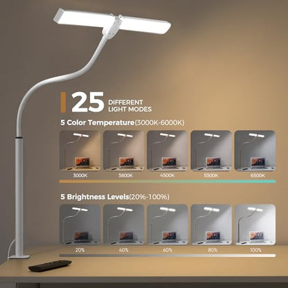 Led Desk Lamp for Home Office, Eye-care Architect Light with Clamp, Smart Double Head Computer Monitor Table Clip Lamp, Adjustable Flexible Goose-Neck, 25 Lighting Models, Task Lamp, White and Sliver - color: White and Sliver