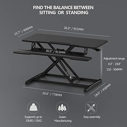 FITUEYES Height Adjustable Standing Desk 36” Wide Sit to Stand Converter Stand Up Desk Tabletop Workstation for Laptops Dual Monitor Riser Black SD309101WB - color: Black
