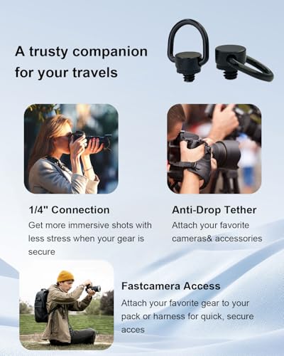 4Pcs Stainless Steel D Ring Screw Adapter, 1/4"-20 Camera D Ring Screw with Rubber Padded for Tripod Camera Shoulder Straps, Selfie Sticks, Gimbals, Black - color: Black